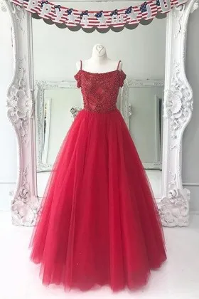 Beaded bodice red tulle designer long formal gown with cold shoulder