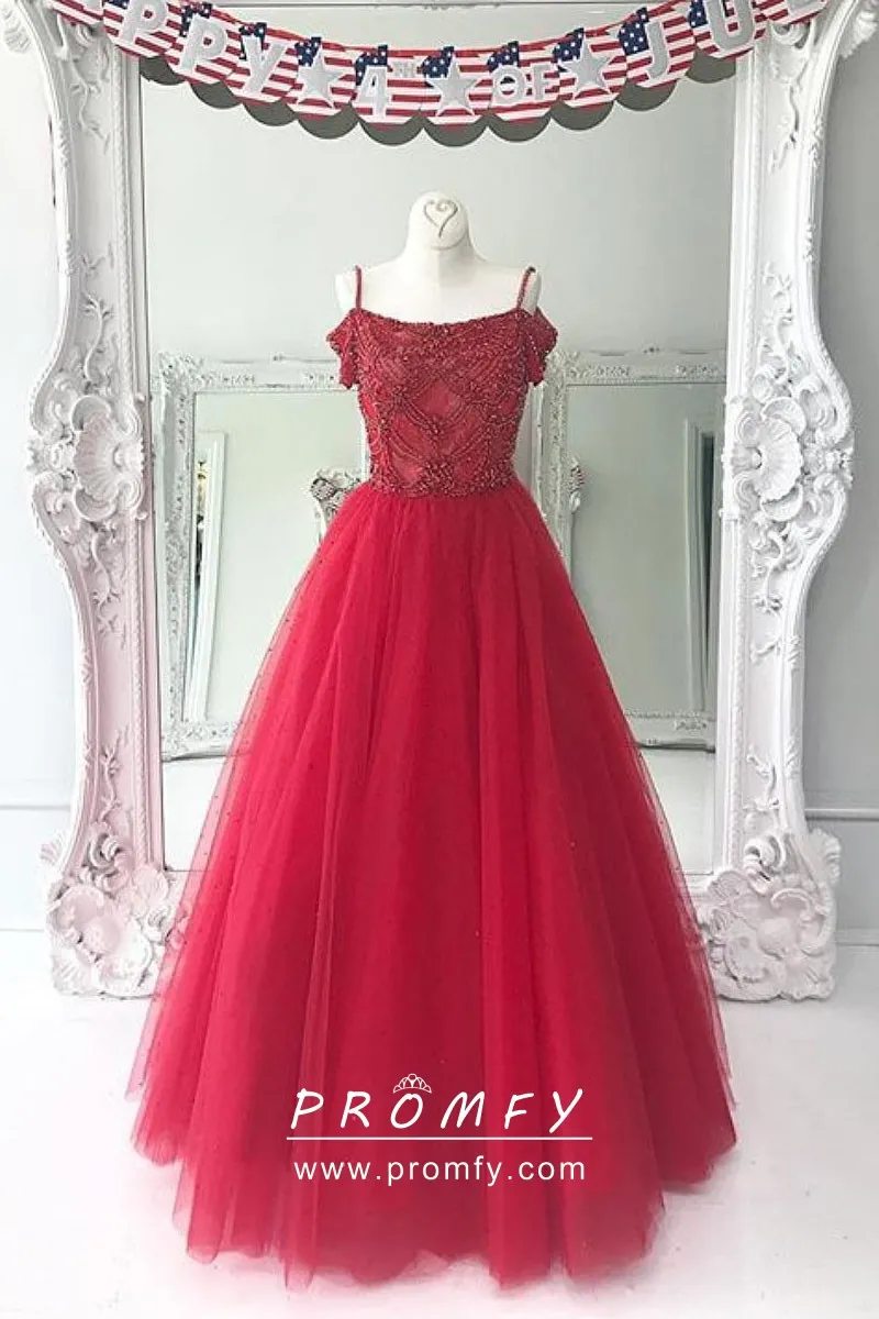 red cold shoulder gown