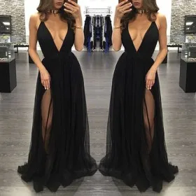 sexy black tulle plunging neckline open back thigh high slit prom dress