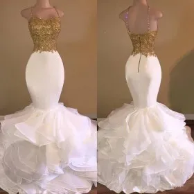 Gold lace and white organza floor length tiered ruffled unique prom gown