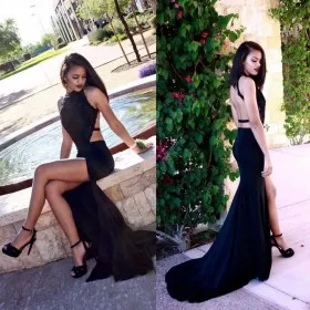Chic sexy black open back prom dress with thigh high slit
