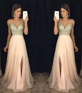 Crystals diamond nude chiffon side split wedding guest prom dress