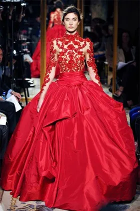 red floral illusion high neck long sleeve designer taffeta formal ball gown