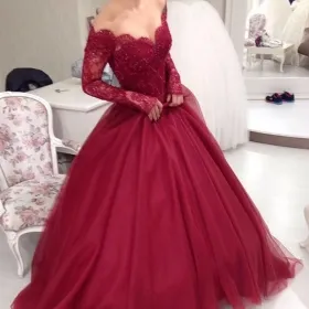 Cherry lace and tulle scalloped off shoulder long sleeve vintage prom gown