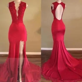 Red lace and spandex thigh high slit open back sexy prom dress