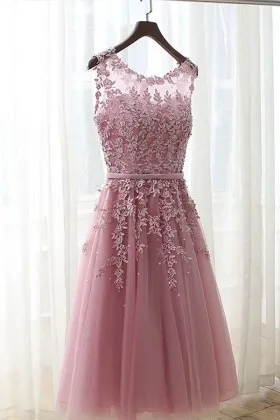 Pastel pink lace and tulle illusion neckline short cute homecoming dress