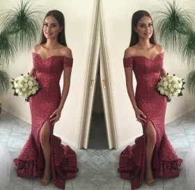 Sparkly Maroon Sequin Off the shoulder Mermaid Split Ruffled Prom Gown