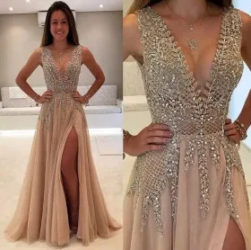 Sparkly glitter beading bodice champagne tulle split unique prom gown