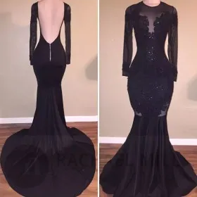 Open black lace and satin illusion neckline long sleeve mermaid prom gown