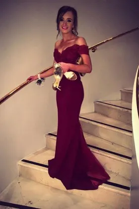 Pretty elegant off the shoulder burgundy mermaid wedding guest formal dress