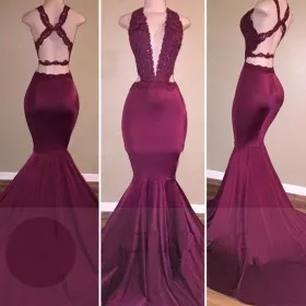 Maroon lace and spandex sexy plunging neckline and open back trumpet prom dress