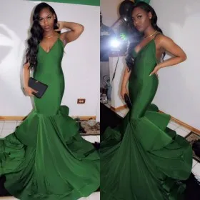 Gorgeous green spandex trumpet flounced unique long prom gown