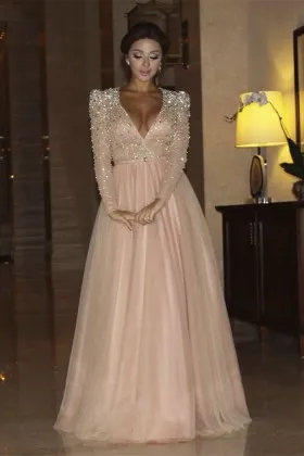 Crystals beaded long sleeve peach tulle princess formal dress