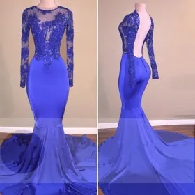 Royal blue illusion lace open back long sleeve mermaid wedding guest dress
