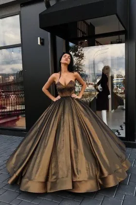 Luxury shiny coffee satin strapless beaded designer Quinceaera ball gown
