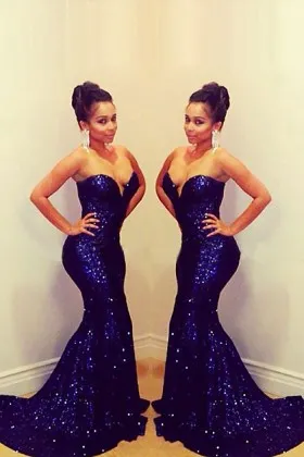 Sparkly navy sequin body hugging mermaid long pageant prom gown