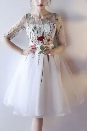 fairy floral white satin with tulle overlay knee length homecoming dress