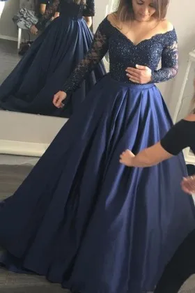 Navy lace and satin off the shoulder long sleeve designer formal ball gown