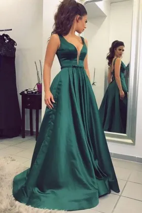 Simple teal satin plunging neckline floor length prom gown