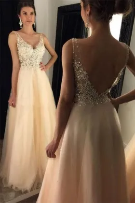 Sparkling beaded nude tulle deep V neck A line long prom formal dress