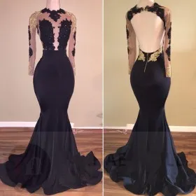 Gold and black lace appliqued open back black spandex unique prom dress