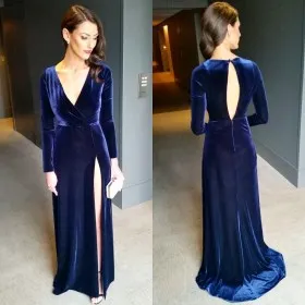 Simple navy blue velvet slim A line long sleeve split long evening gown
