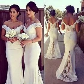Off white lace and spandex elegant off shoulder mermaid bridesmaid dresses