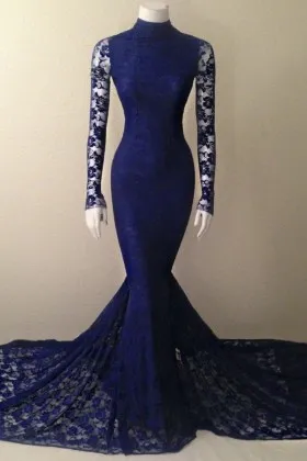 Vintage navy blue lace long sleeve mermaid long train formal dress