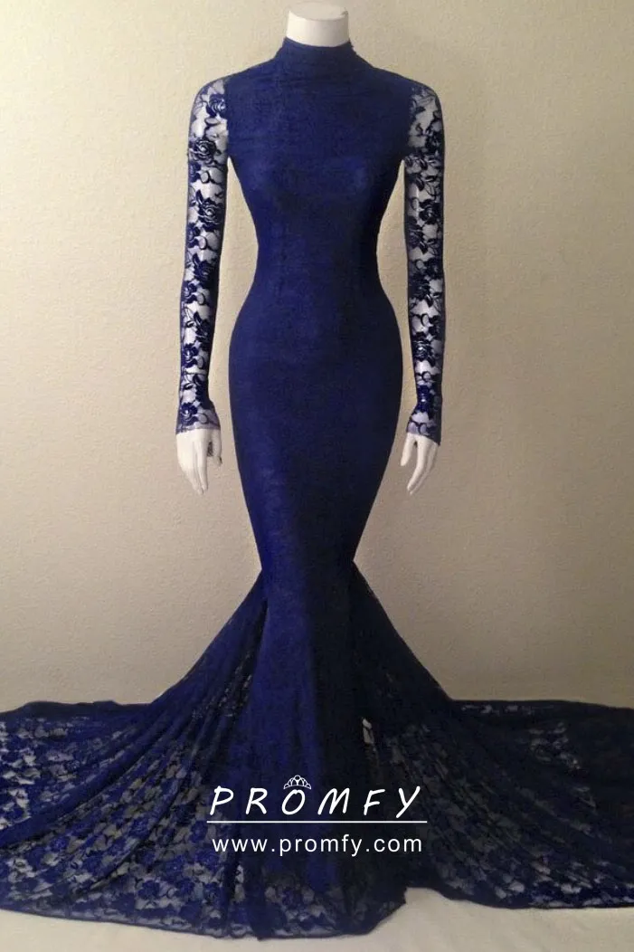 Vintage navy blue lace long sleeve mermaid long train formal dress