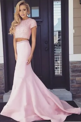 Pearls embellished blushing pink two piece short sleeve designer formal dress