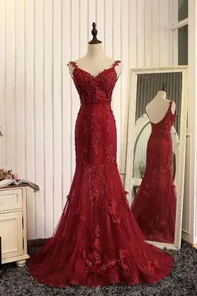 dark red lace tulle trumpet anniversary formal gown