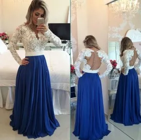Vintage inspired white lace and royal blue jersey long sleeve two tone prom gown