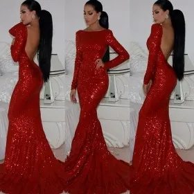 red sequin low back mermaid prom gown