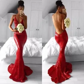 sexy backless plunging v neck red sequin prom gown