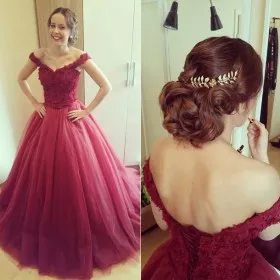 Pretty burgundy lace and tulle off the shoulder V neck ball gown
