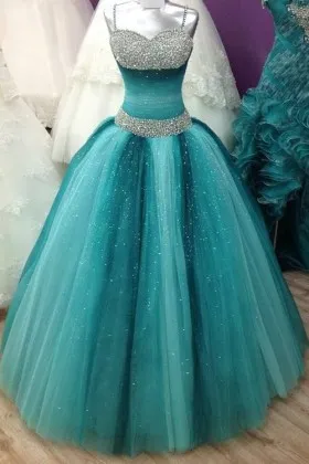Sparkly beaded ombre teal and turquoise tulle ball gown prom dress