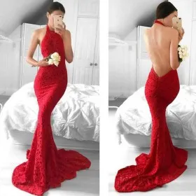 sexy red lace backless halter mermaid prom gown