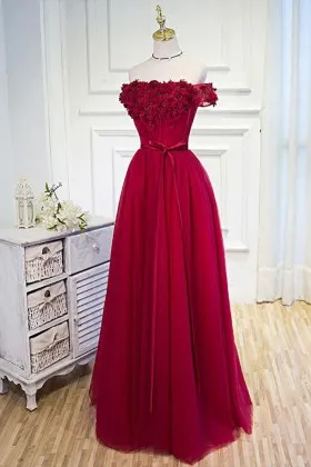 Floral bodice off the shoulder ruby red cute graduation prom dress