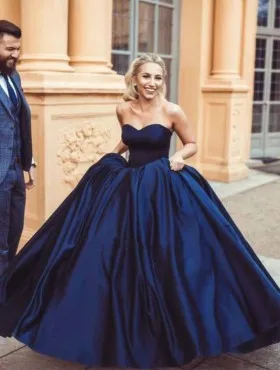 Strapless sweetheart navy blue satin simple Quinceanera ball gown