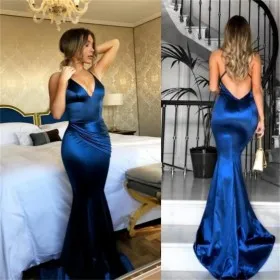 draped shiny azure blue satin open back mermaid designer formal gown