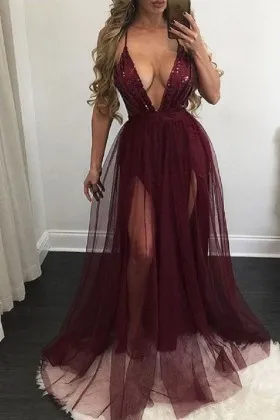 Sexy burgundy sequin and sheer tulle plunging neckline long prom dress