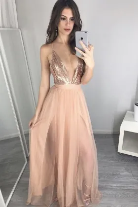 Sexy gold sequin and nude tulle plunging V neckline double slit prom dress