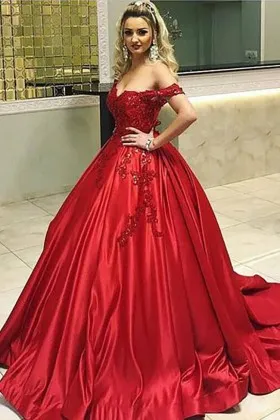Off the shoulder red lace and satin bridal engagement designer ball gown