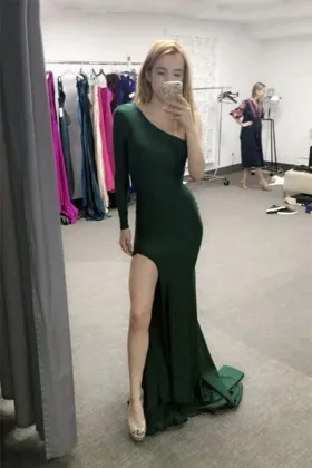 dark green satin one sleeve high slit prom dress