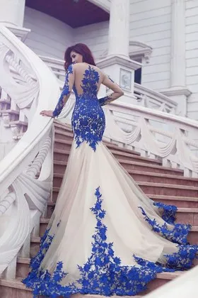blue lace appliqued tulle long train photoshoot gown