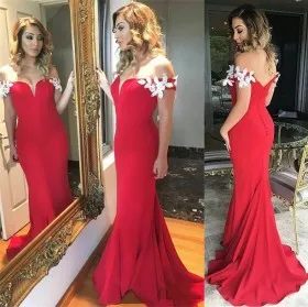 Cute leaf appliqued red spandex off the shoulder mermaid long prom dress