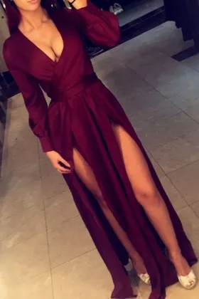 Vintage inspired maroon plunging neckline long sleeve split prom dress