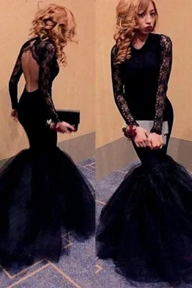 Black lace and tulle open back long sleeve elegant trumpet formal gown