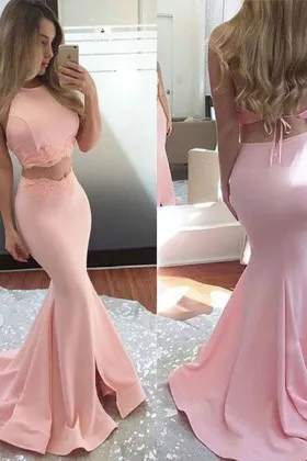 Peach pink spandex jewel neck open back two piece cute prom dress