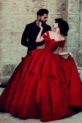 Dark red satin double shoulder straps bow appliqued engagement ball gown